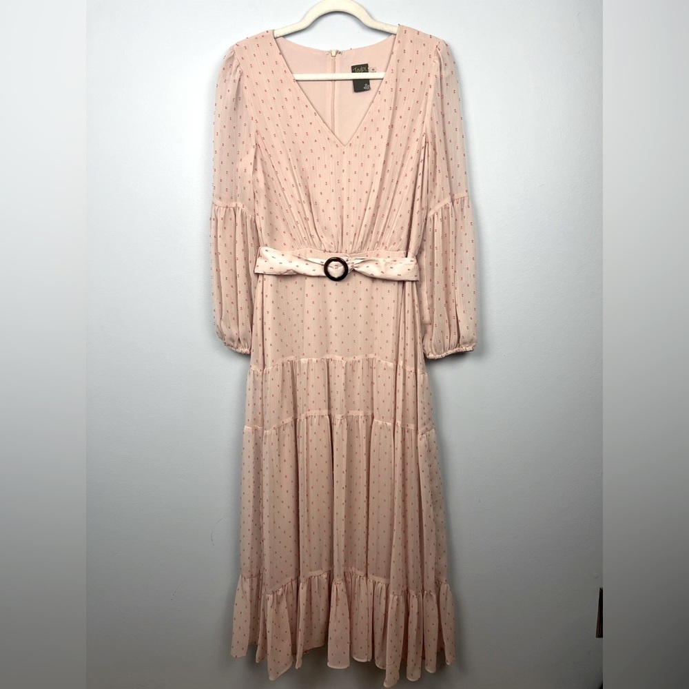 Taylor size 10 long sleeve tiered pink v neck belted maxi dress - Picture 2 of 10